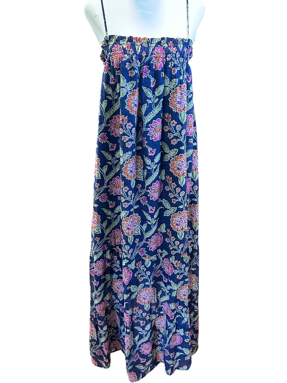 THML bohemian Floral Midi Dress Blue Pink spaghetti straps Smocked Dress